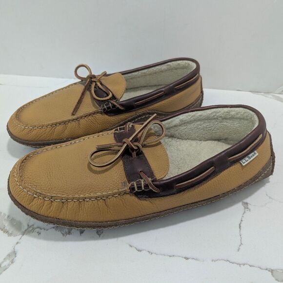 LL Bean Men’s Wicked Good Moccasin Slippers Size 13 Shearling Lined Leather Tan - Picture 1 of 7